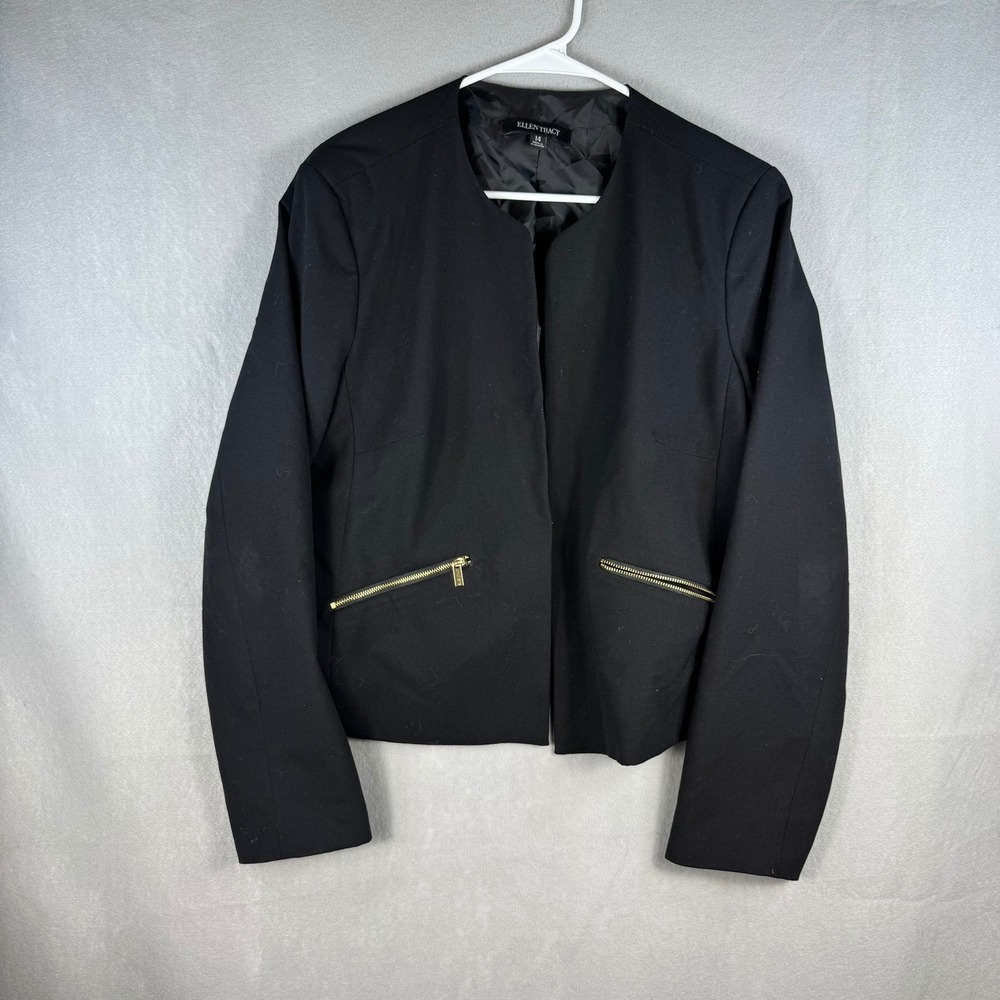 Ellen Tracy Womens Black Collarless Open Front Blazer Gold Zip Pockets Size 14